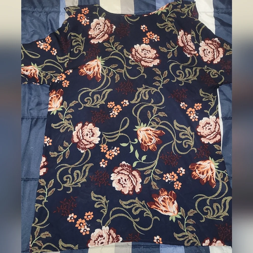 Loft Outlet V-Neck Flowy Ruffle Edged Navy Blue Floral Blouse- Size M
